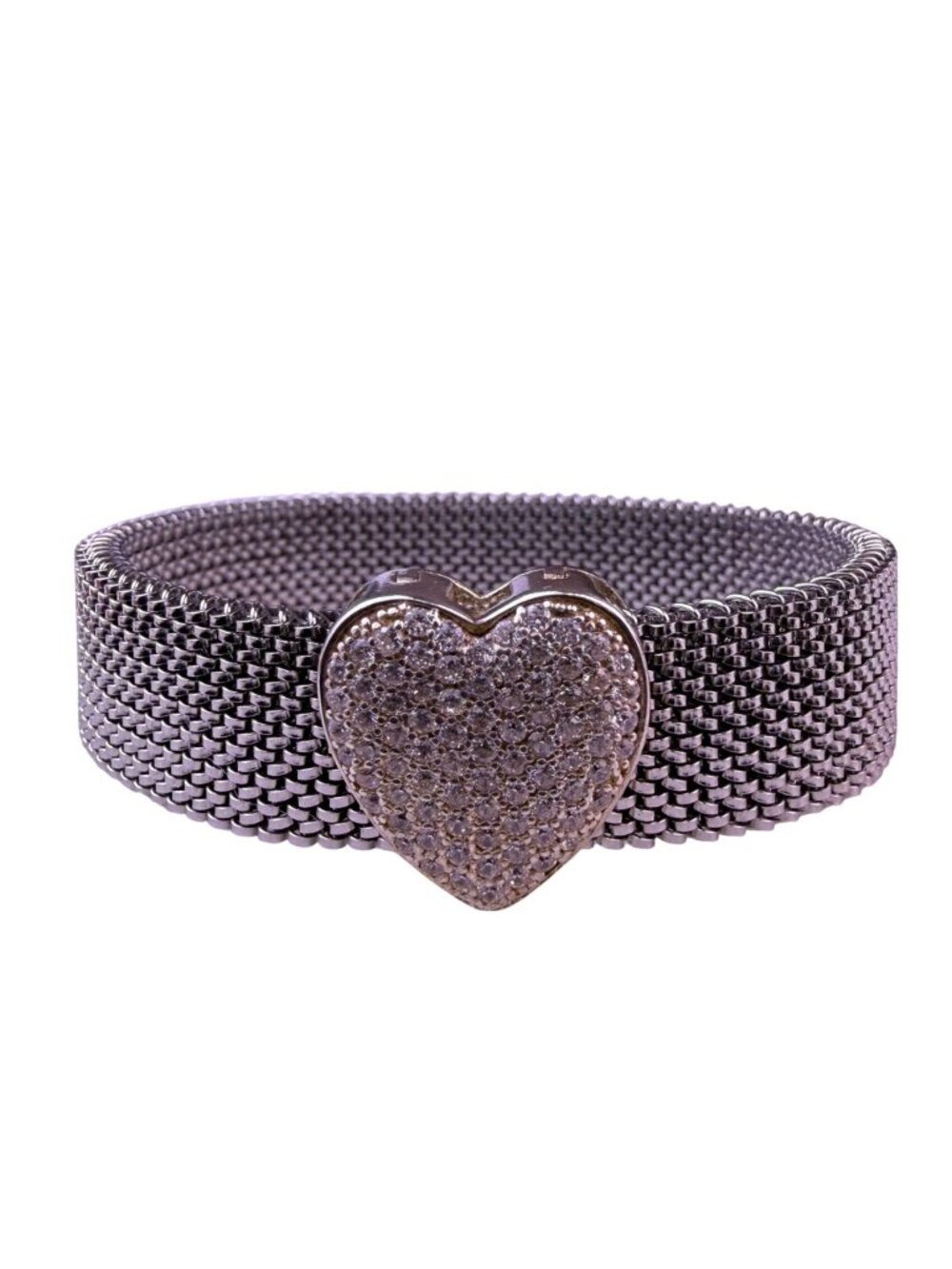 Stainless Steel Women Silver Tone Heart Bracelet With Sterling Silver Accents